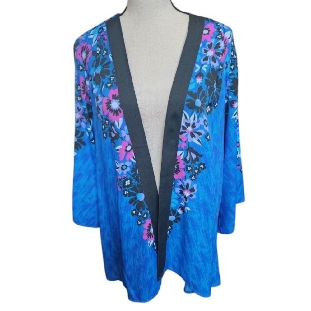 Bob Mackie Blue Floral Open Front Kimono Cardigan Coverup Size Large